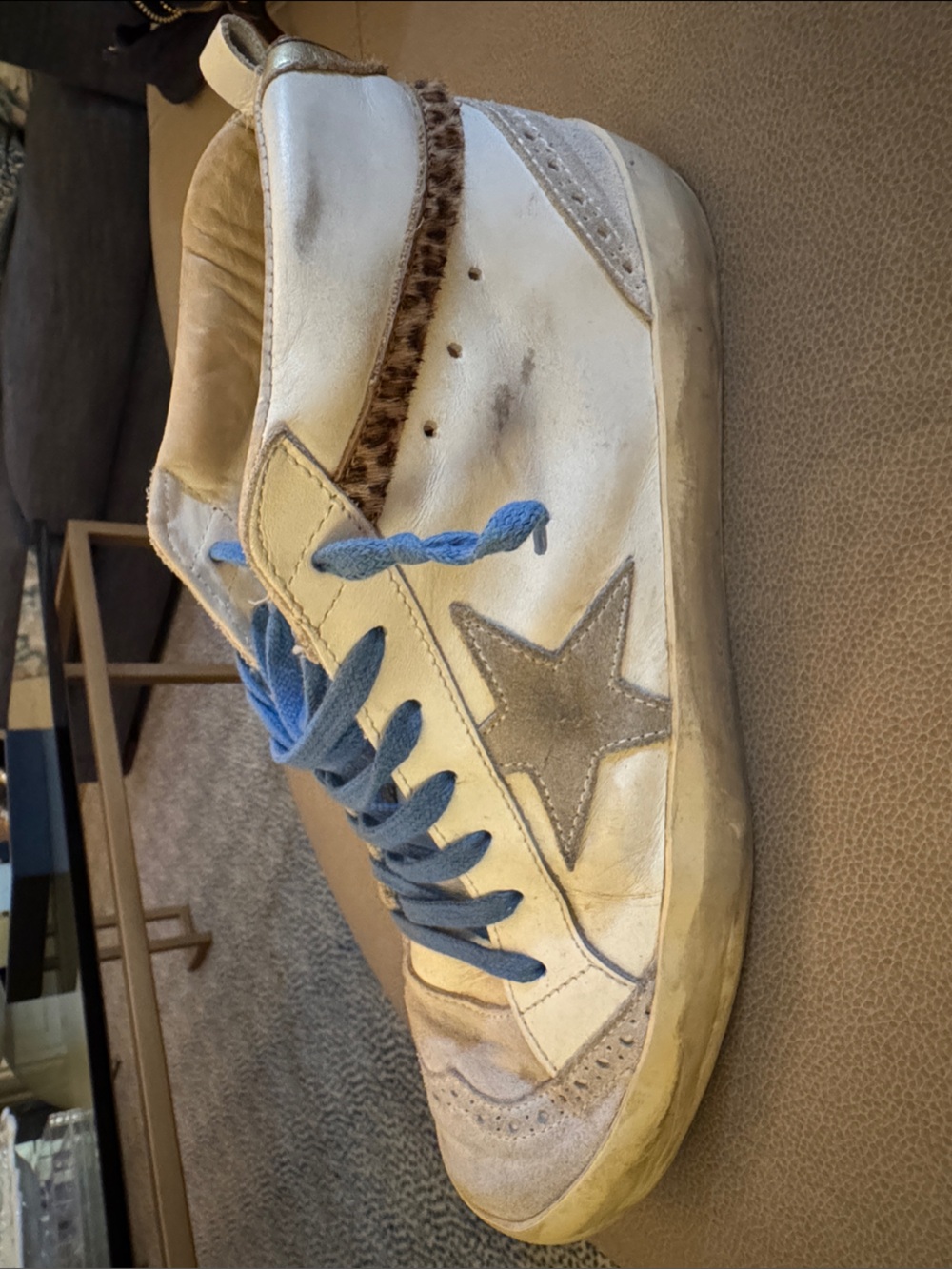 Women’s Golden Goose leather mid-top with leopard trim. Size 40